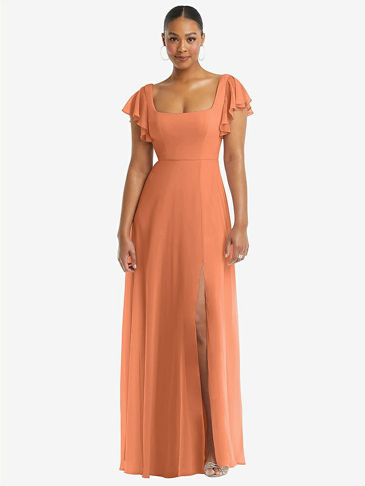 【STYLE: 1568】Flutter Sleeve Scoop Open-Back Chiffon Maxi Dress【COLOR: Sweet Melon】