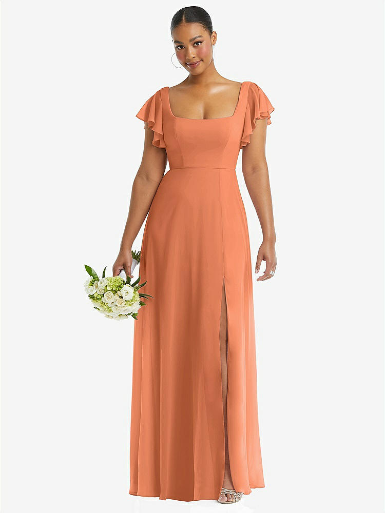 【STYLE: 1568】Flutter Sleeve Scoop Open-Back Chiffon Maxi Dress【COLOR: Sweet Melon】