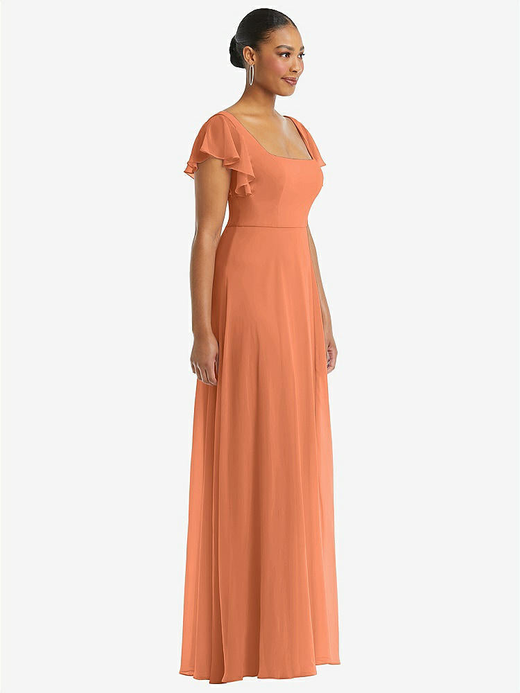 【STYLE: 1568】Flutter Sleeve Scoop Open-Back Chiffon Maxi Dress【COLOR: Sweet Melon】