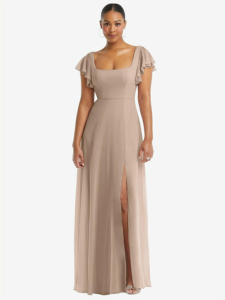 【STYLE: 1568】Flutter Sleeve Scoop Open-Back Chiffon Maxi Dress【COLOR: Topaz】