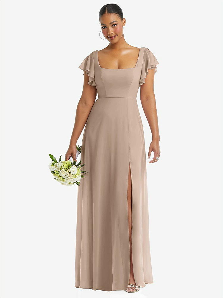 【STYLE: 1568】Flutter Sleeve Scoop Open-Back Chiffon Maxi Dress【COLOR: Topaz】
