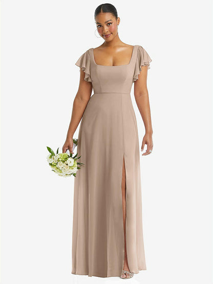 【STYLE: 1568】Flutter Sleeve Scoop Open-Back Chiffon Maxi Dress【COLOR: Topaz】