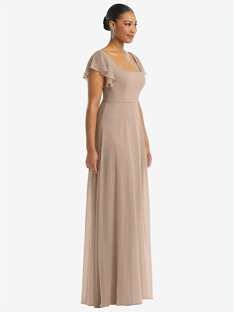 【STYLE: 1568】Flutter Sleeve Scoop Open-Back Chiffon Maxi Dress【COLOR: Topaz】