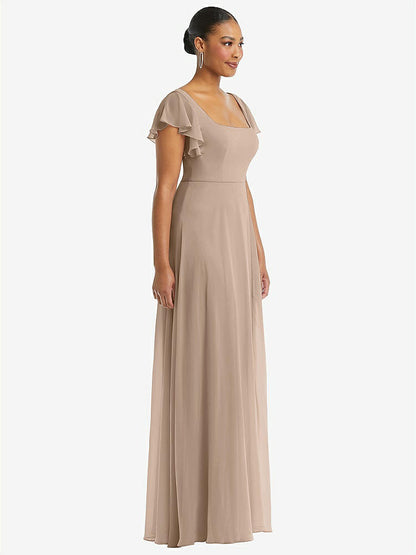 【STYLE: 1568】Flutter Sleeve Scoop Open-Back Chiffon Maxi Dress【COLOR: Topaz】