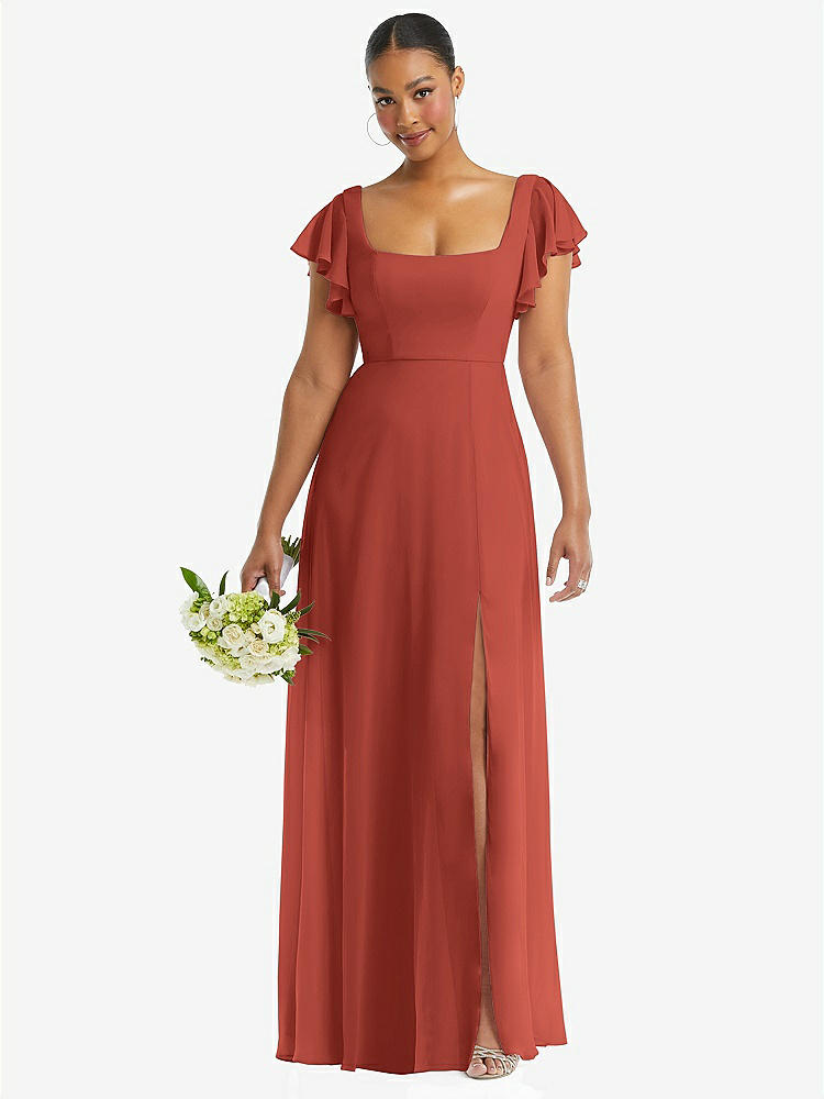 【STYLE: 1568】Flutter Sleeve Scoop Open-Back Chiffon Maxi Dress【COLOR: Amber Sunset】