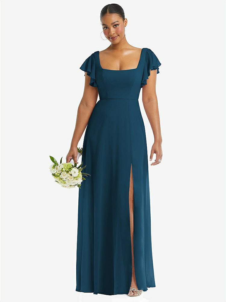 【NEW】【STYLE: 1568】フラッター 袖 スクープ オープンバック シフォン マキシ ドレス【COLOR: Atlantic Blue】【SIZE: 00-30W】