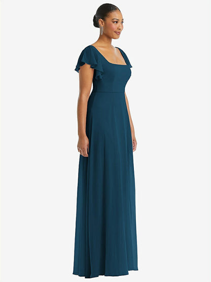 【NEW】【STYLE: 1568】フラッター 袖 スクープ オープンバック シフォン マキシ ドレス【COLOR: Atlantic Blue】【SIZE: 00-30W】