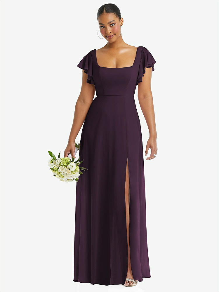 【NEW】【STYLE: 1568】フラッター 袖 スクープ オープンバック シフォン マキシ ドレス【COLOR: Aubergine】【SIZE: 00-30W】