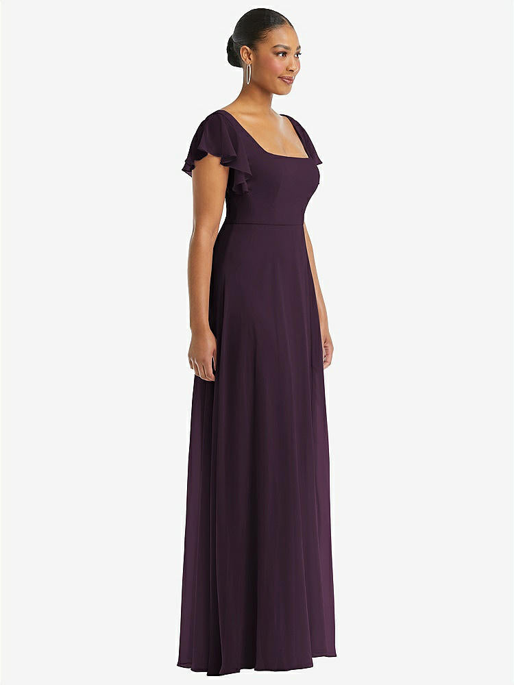 【NEW】【STYLE: 1568】フラッター 袖 スクープ オープンバック シフォン マキシ ドレス【COLOR: Aubergine】【SIZE: 00-30W】