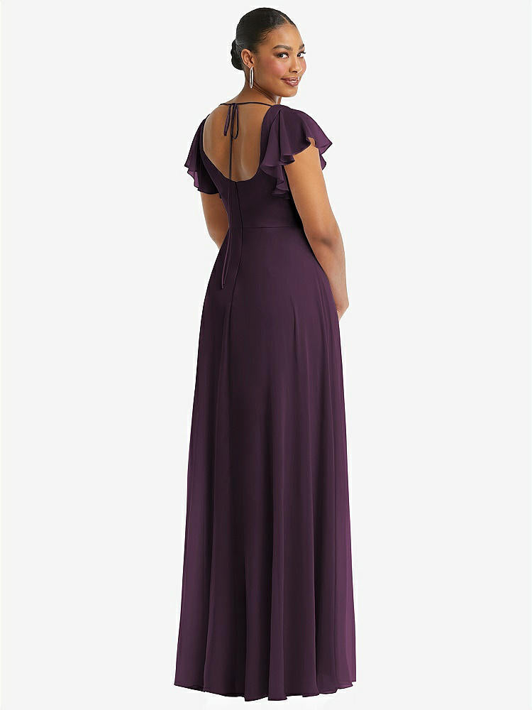 【NEW】【STYLE: 1568】フラッター 袖 スクープ オープンバック シフォン マキシ ドレス【COLOR: Aubergine】【SIZE: 00-30W】