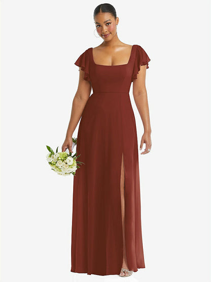 【STYLE: 1568】Flutter Sleeve Scoop Open-Back Chiffon Maxi Dress【COLOR: Auburn Moon】