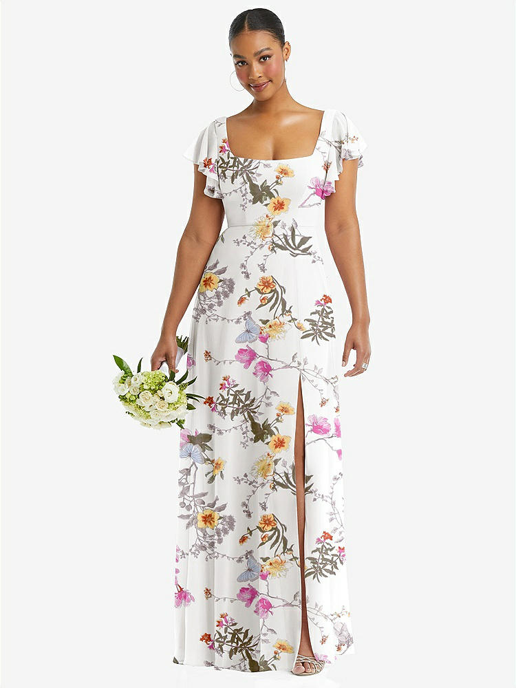 【STYLE: 1568】Flutter Sleeve Scoop Open-Back Chiffon Maxi Dress【COLOR: Butterfly Botanica Ivory】