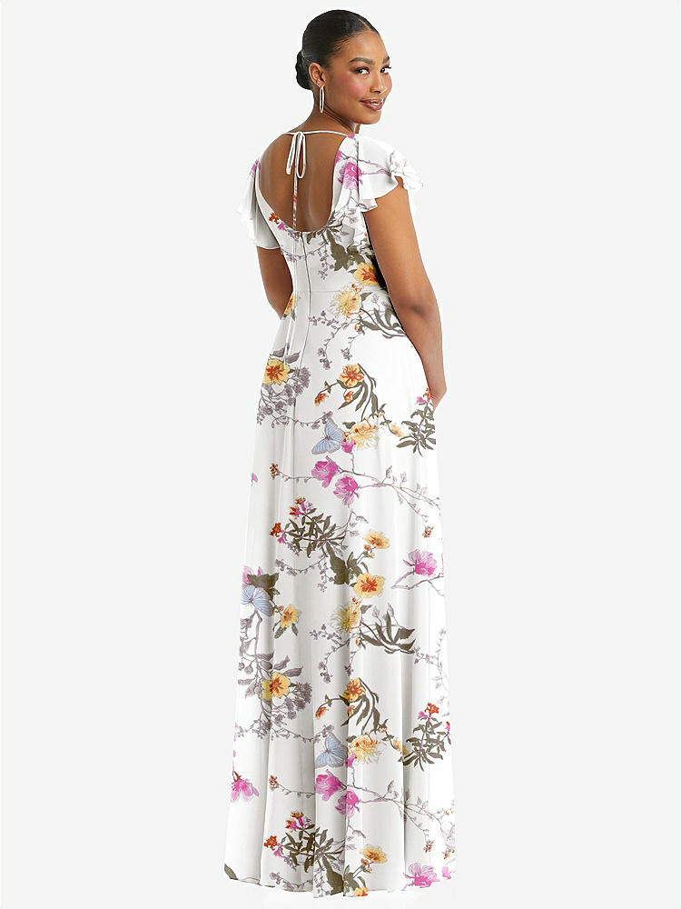 【STYLE: 1568】Flutter Sleeve Scoop Open-Back Chiffon Maxi Dress【COLOR: Butterfly Botanica Ivory】