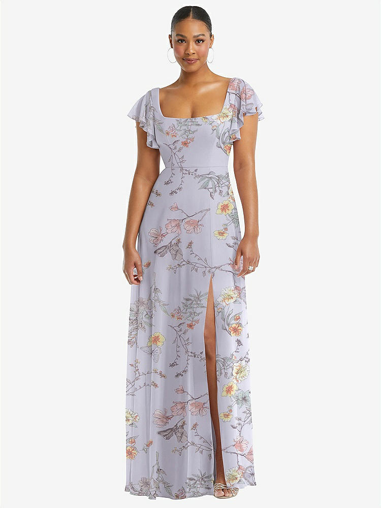 【STYLE: 1568】Flutter Sleeve Scoop Open-Back Chiffon Maxi Dress【COLOR: Butterfly Botanica Silver Dove】