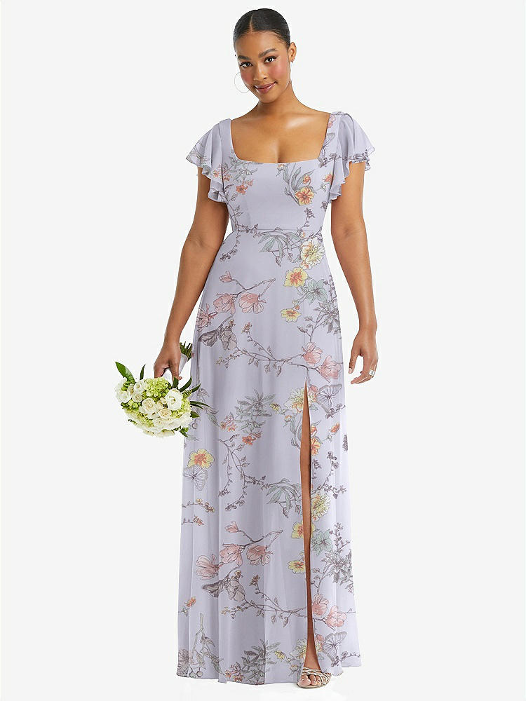 【STYLE: 1568】Flutter Sleeve Scoop Open-Back Chiffon Maxi Dress【COLOR: Butterfly Botanica Silver Dove】