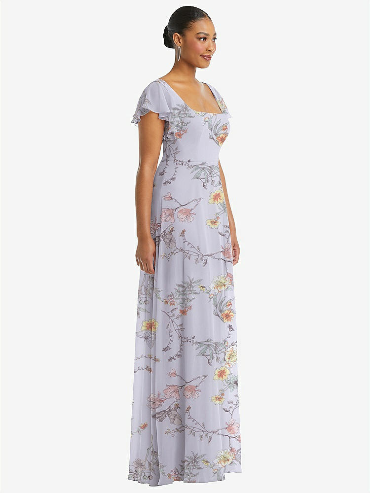 【STYLE: 1568】Flutter Sleeve Scoop Open-Back Chiffon Maxi Dress【COLOR: Butterfly Botanica Silver Dove】