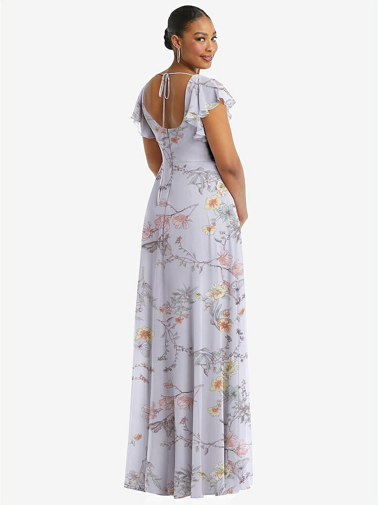 【STYLE: 1568】Flutter Sleeve Scoop Open-Back Chiffon Maxi Dress【COLOR: Butterfly Botanica Silver Dove】