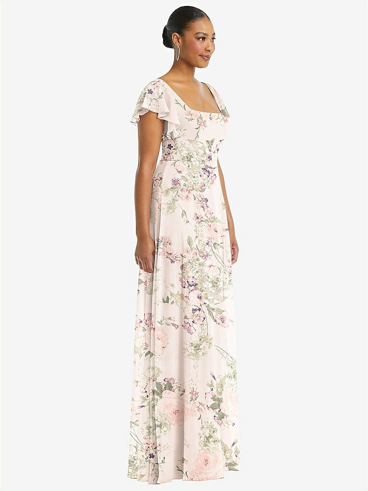 【STYLE: 1568】Flutter Sleeve Scoop Open-Back Chiffon Maxi Dress【COLOR: Blush Garden】
