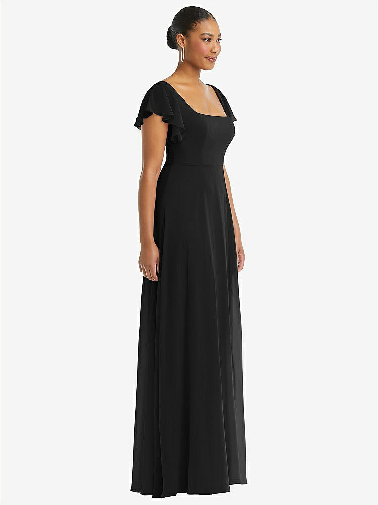 【STYLE: 1568】Flutter Sleeve Scoop Open-Back Chiffon Maxi Dress【COLOR: Black】