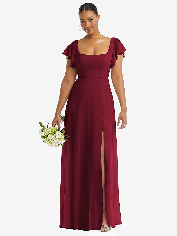 【STYLE: 1568】Flutter Sleeve Scoop Open-Back Chiffon Maxi Dress【COLOR: Burgundy】