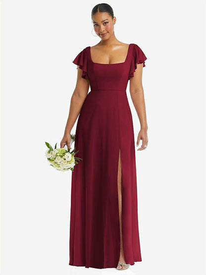【STYLE: 1568】Flutter Sleeve Scoop Open-Back Chiffon Maxi Dress【COLOR: Burgundy】