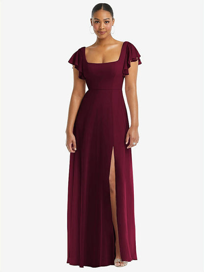 【STYLE: 1568】Flutter Sleeve Scoop Open-Back Chiffon Maxi Dress【COLOR: Cabernet】