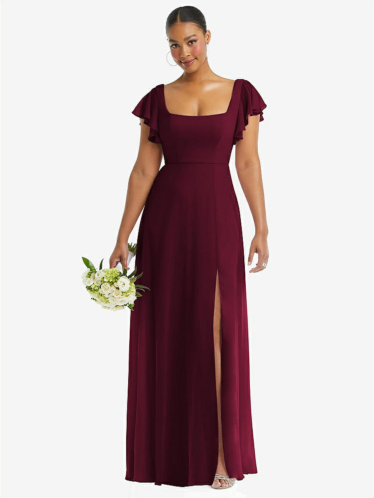 【STYLE: 1568】Flutter Sleeve Scoop Open-Back Chiffon Maxi Dress【COLOR: Cabernet】