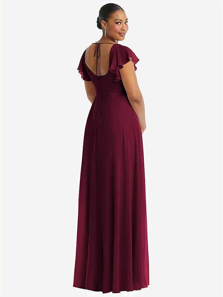 【STYLE: 1568】Flutter Sleeve Scoop Open-Back Chiffon Maxi Dress【COLOR: Cabernet】
