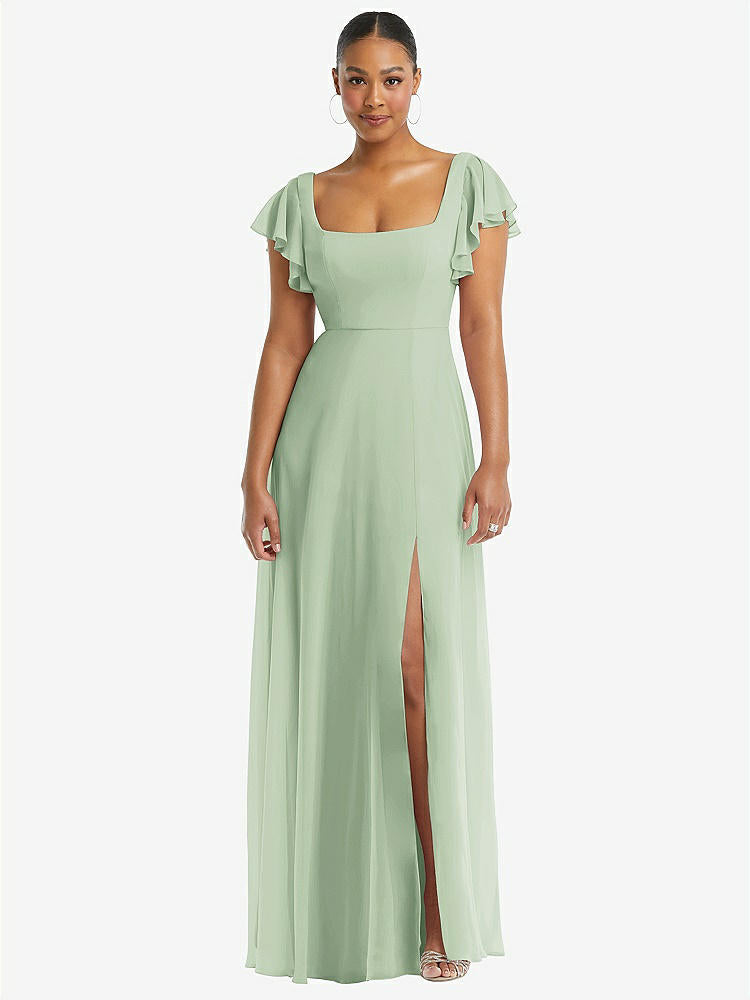 【STYLE: 1568】Flutter Sleeve Scoop Open-Back Chiffon Maxi Dress【COLOR: Celadon】