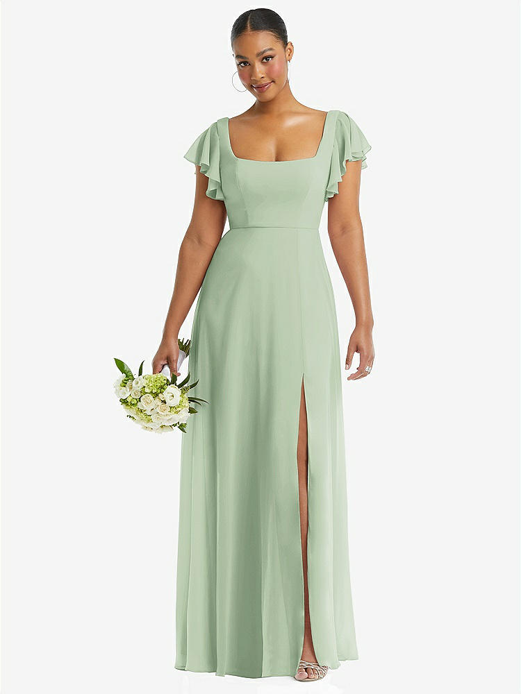 【STYLE: 1568】Flutter Sleeve Scoop Open-Back Chiffon Maxi Dress【COLOR: Celadon】