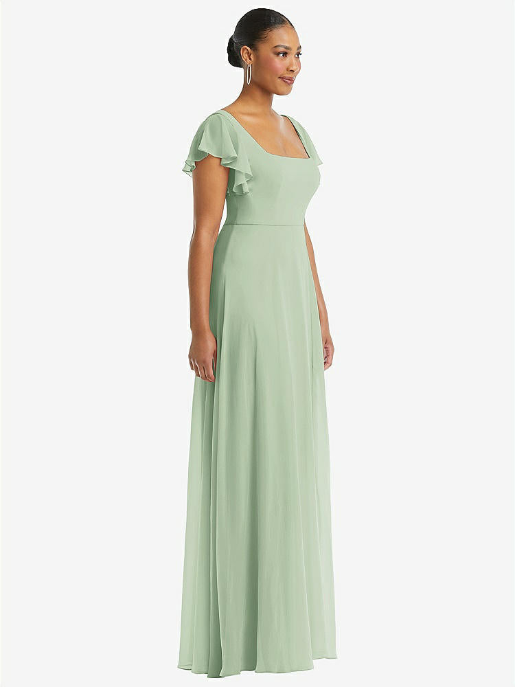 【STYLE: 1568】Flutter Sleeve Scoop Open-Back Chiffon Maxi Dress【COLOR: Celadon】