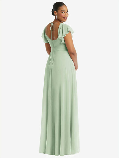 【STYLE: 1568】Flutter Sleeve Scoop Open-Back Chiffon Maxi Dress【COLOR: Celadon】