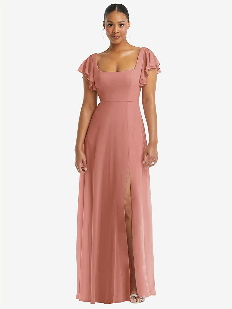 【STYLE: 1568】Flutter Sleeve Scoop Open-Back Chiffon Maxi Dress【COLOR: Desert Rose】