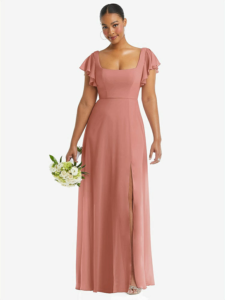 【NEW】【STYLE: 1568】フラッター 袖 スクープ オープンバック シフォン マキシ ドレス【COLOR: Desert Rose】【SIZE: 00-30W】