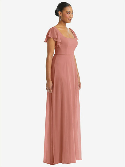 【STYLE: 1568】Flutter Sleeve Scoop Open-Back Chiffon Maxi Dress【COLOR: Desert Rose】