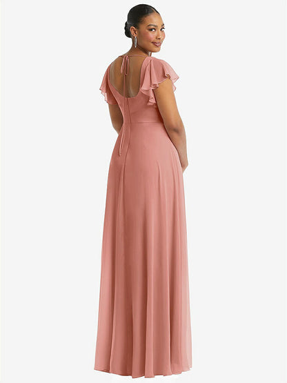 【STYLE: 1568】Flutter Sleeve Scoop Open-Back Chiffon Maxi Dress【COLOR: Desert Rose】