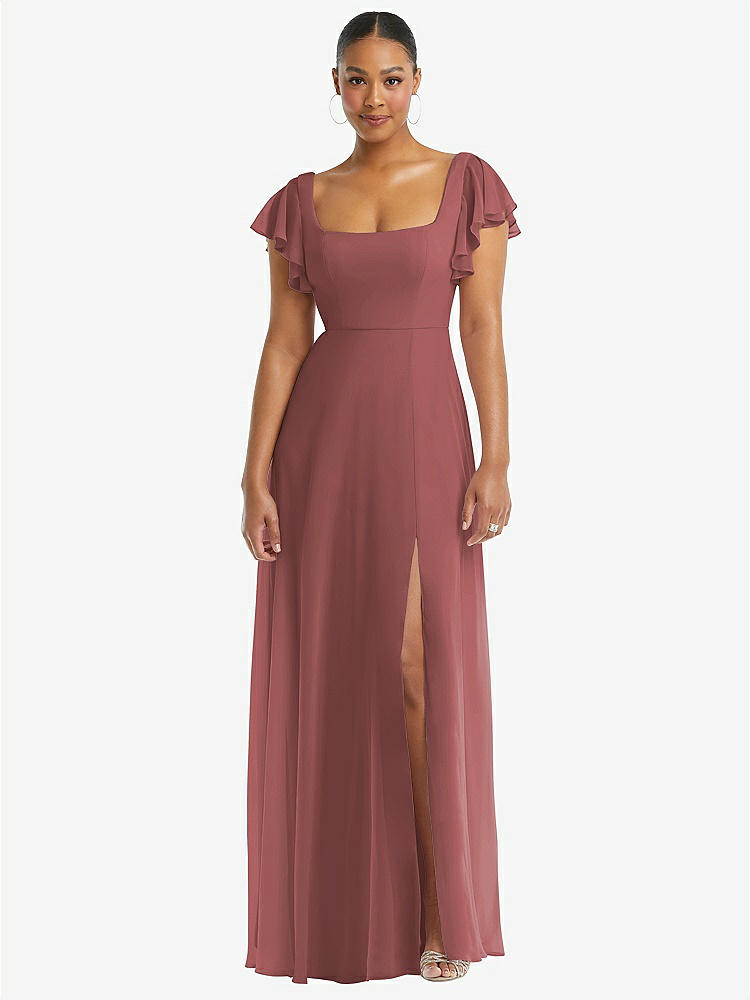 【STYLE: 1568】Flutter Sleeve Scoop Open-Back Chiffon Maxi Dress【COLOR: English Rose】
