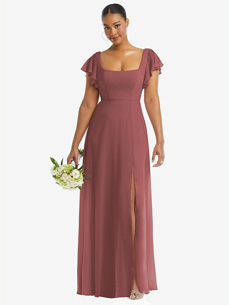 【NEW】【STYLE: 1568】フラッター 袖 スクープ オープンバック シフォン マキシ ドレス【COLOR: English Rose】【SIZE: 00-30W】