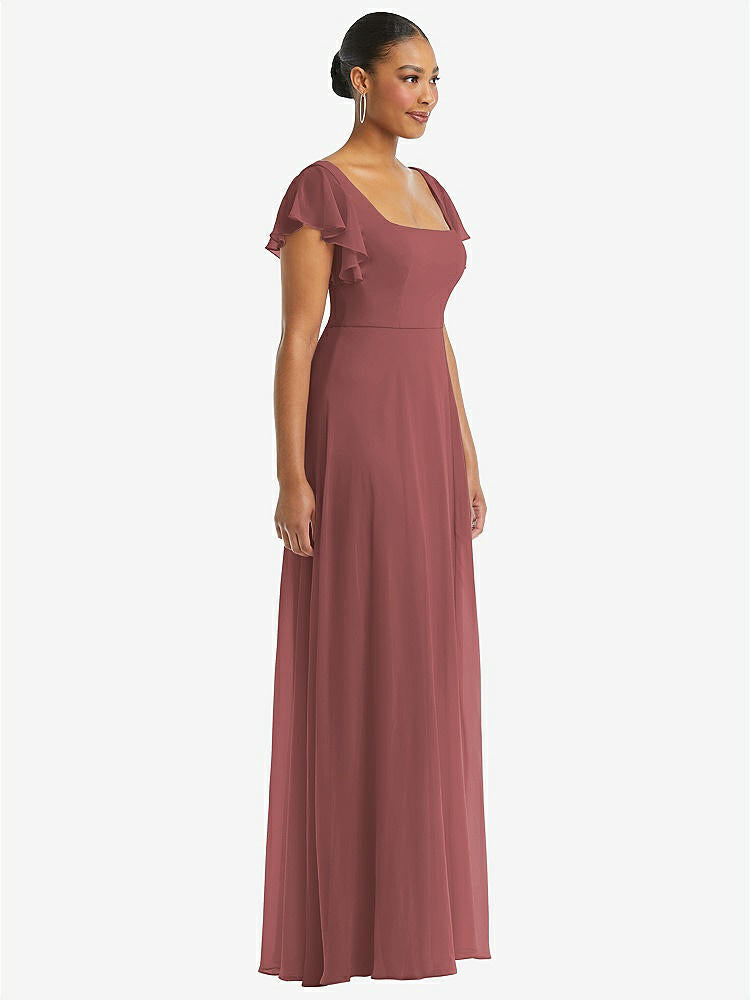 【STYLE: 1568】Flutter Sleeve Scoop Open-Back Chiffon Maxi Dress【COLOR: English Rose】