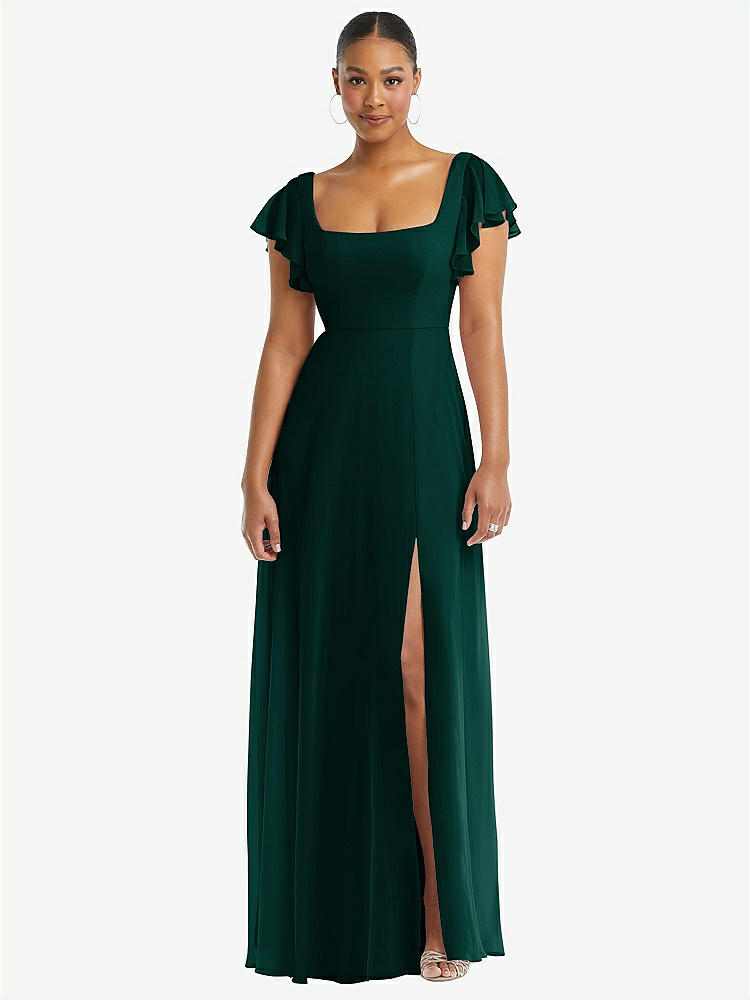 【STYLE: 1568】Flutter Sleeve Scoop Open-Back Chiffon Maxi Dress【COLOR: Evergreen】