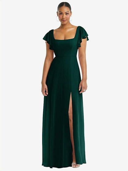 【STYLE: 1568】Flutter Sleeve Scoop Open-Back Chiffon Maxi Dress【COLOR: Evergreen】