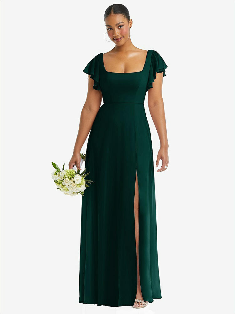 【STYLE: 1568】Flutter Sleeve Scoop Open-Back Chiffon Maxi Dress【COLOR: Evergreen】