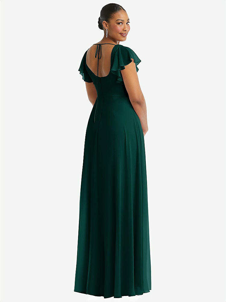 【STYLE: 1568】Flutter Sleeve Scoop Open-Back Chiffon Maxi Dress【COLOR: Evergreen】