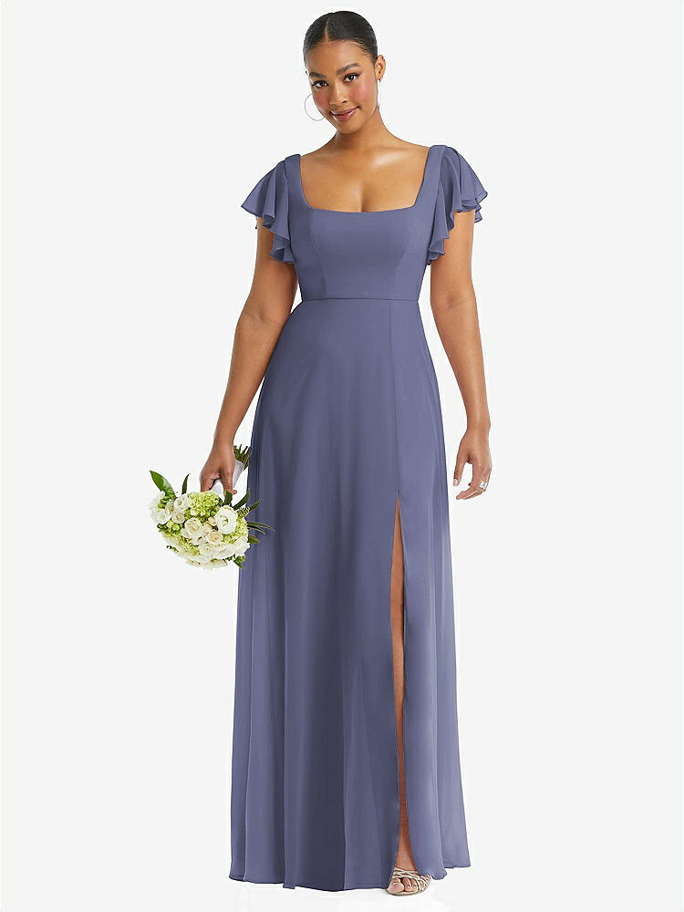 【NEW】【STYLE: 1568】フラッター 袖 スクープ オープンバック シフォン マキシ ドレス【COLOR: French Blue】【SIZE: 00-30W】