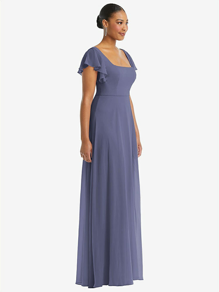 【NEW】【STYLE: 1568】フラッター 袖 スクープ オープンバック シフォン マキシ ドレス【COLOR: French Blue】【SIZE: 00-30W】