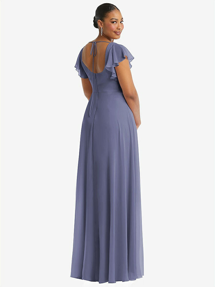 【NEW】【STYLE: 1568】フラッター 袖 スクープ オープンバック シフォン マキシ ドレス【COLOR: French Blue】【SIZE: 00-30W】