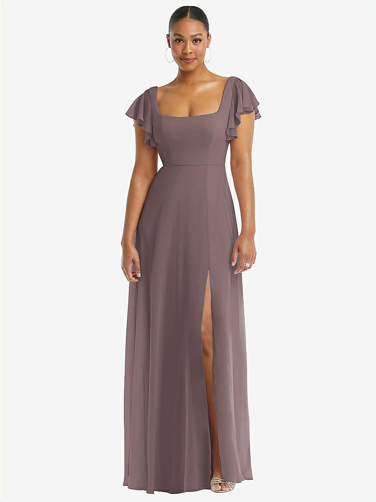 【STYLE: 1568】Flutter Sleeve Scoop Open-Back Chiffon Maxi Dress【COLOR: French Truffle】