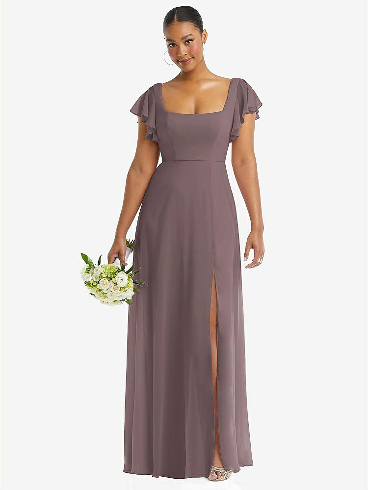 【STYLE: 1568】Flutter Sleeve Scoop Open-Back Chiffon Maxi Dress【COLOR: French Truffle】