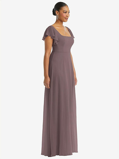 【STYLE: 1568】Flutter Sleeve Scoop Open-Back Chiffon Maxi Dress【COLOR: French Truffle】