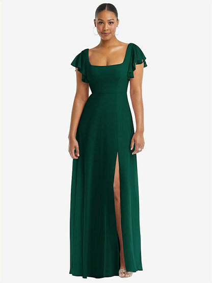 【STYLE: 1568】Flutter Sleeve Scoop Open-Back Chiffon Maxi Dress【COLOR: Hunter Green】